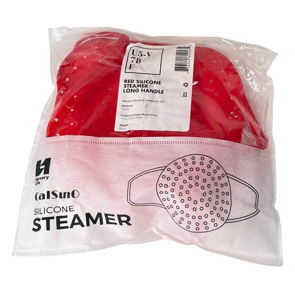 Long Handle Silicone Vegetable Steamer Pasta Strainer Red 12x8 Harvery Life New - Picture 3 of 5